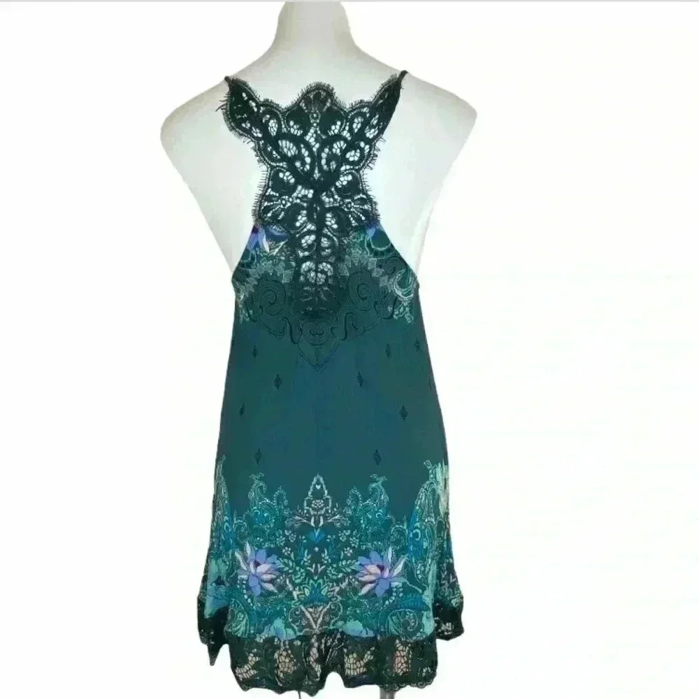 Intimately Free People Who's Sorry Now Lace Shift  floral slip mini dress teal